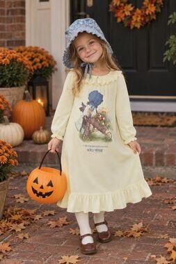 Vintage Holly Hobbie Yellow Ruffle Flannel Dress | Girls 5/6 | 1980s Costume